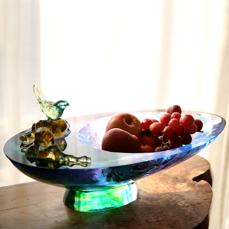 Kristályüveg gyümölcstál madár díszítéssel