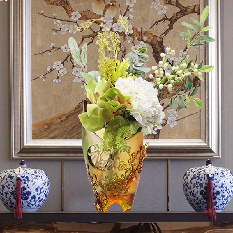 Otthoni dekoráció Szilvavirág faragott Design borostyán üvegváza