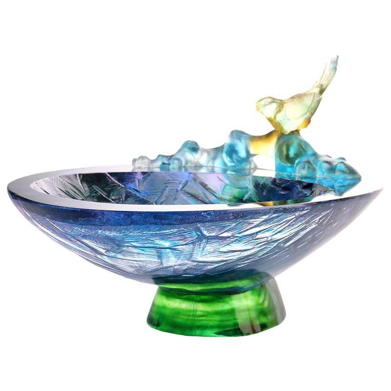 Kristályüveg gyümölcstál madár díszítéssel